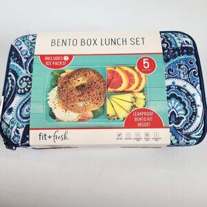 Fit & Fresh Bento Lunch Set 5 Pc Blue Paisley w 2 Ice Pack Insulated Zip Bag NEW